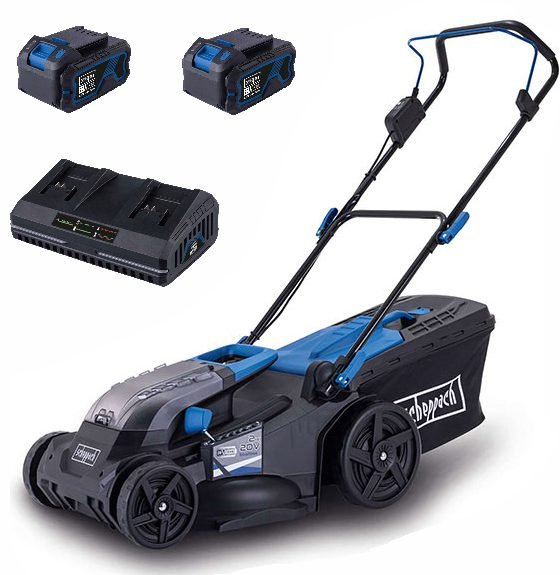 СЕТ Батериска косилица за трева 43cm Scheppach BC-MP430-X мотор без четкици СЕТ две 4Ah батерии и брз двоен полнач